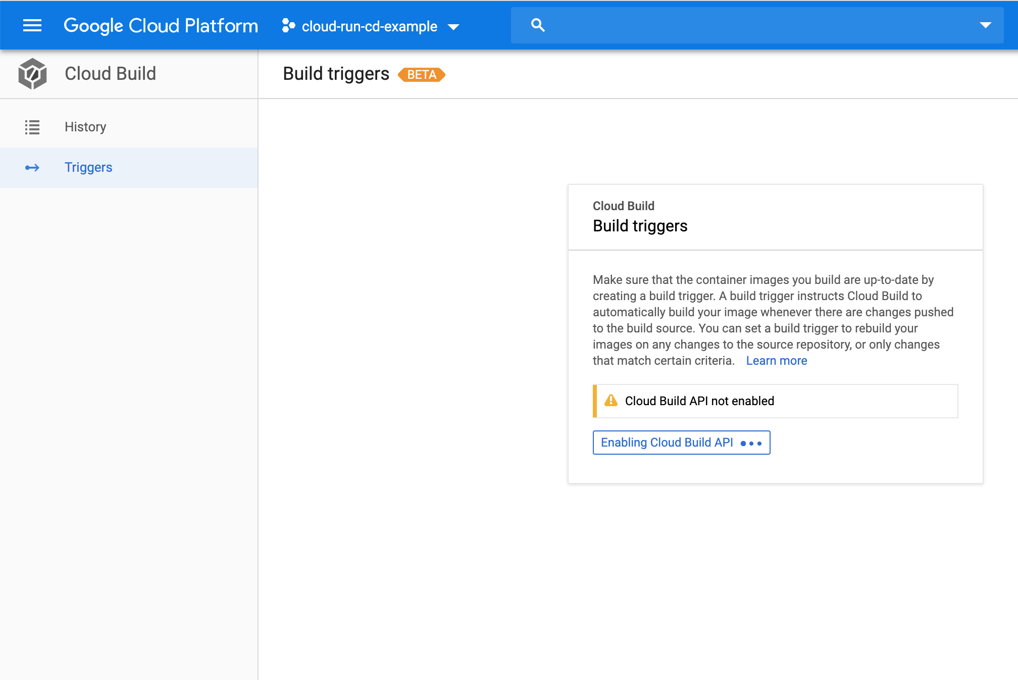 Google Cloud Cloud Build Activate api