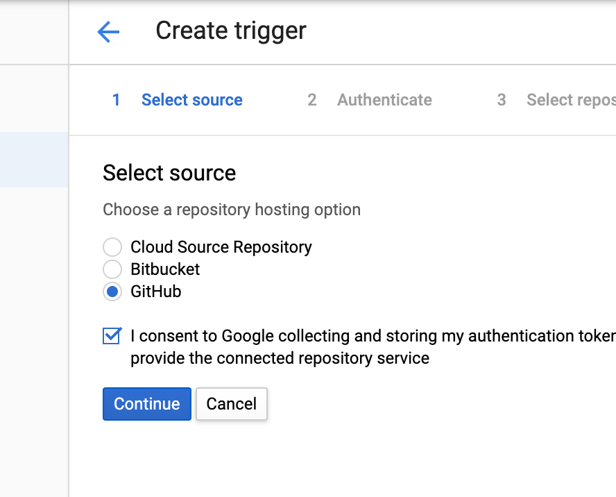 Google Cloud Cloud Build Create Trigger Select source
