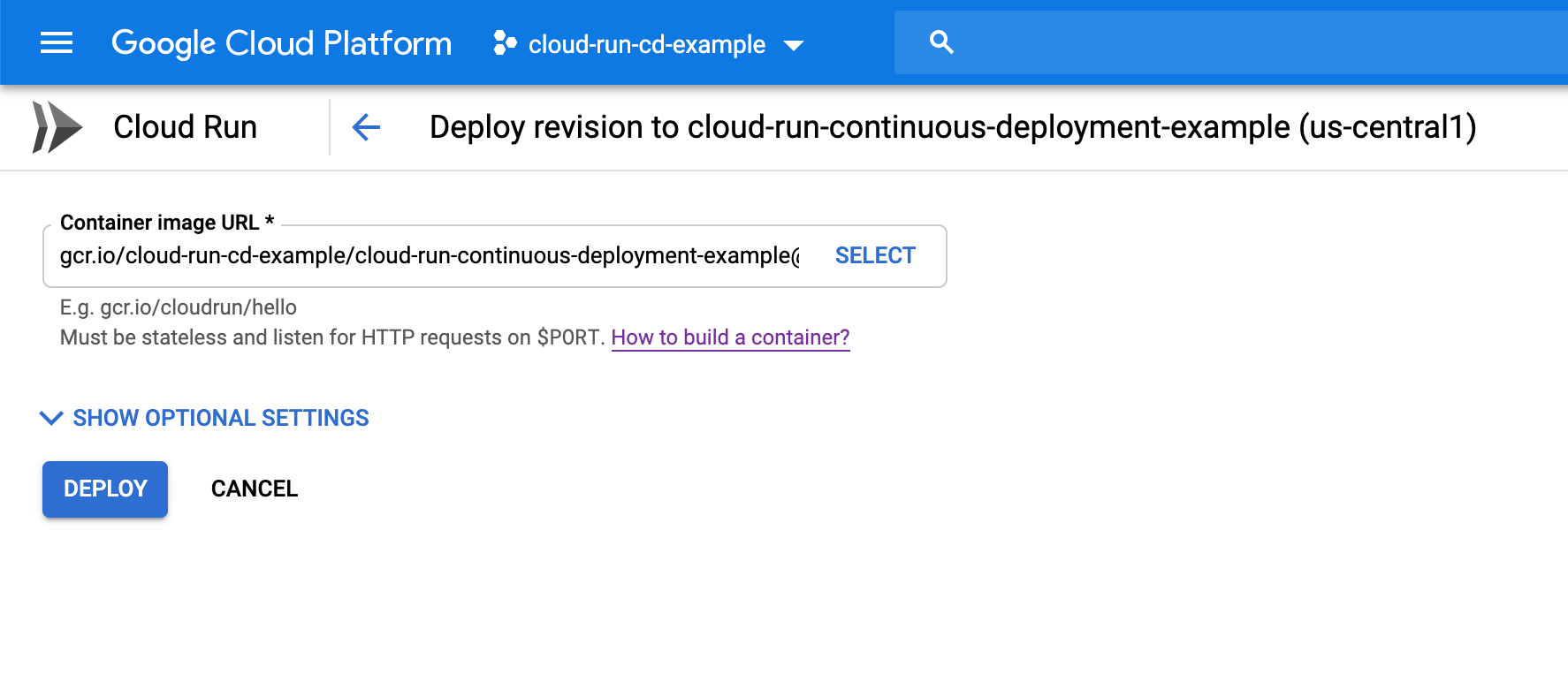 Google Cloud Cloud Run select new image