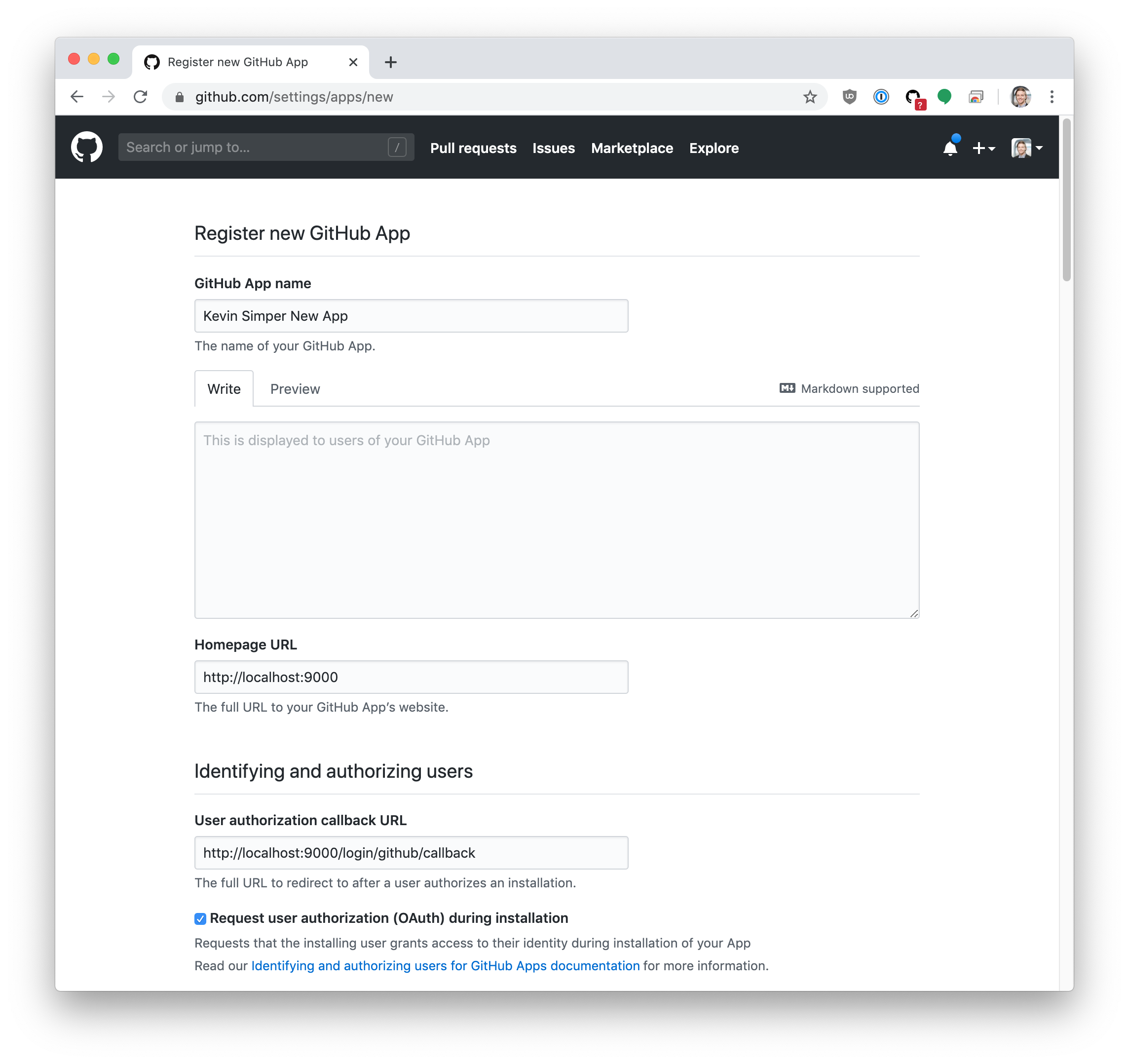 Register new GitHub App